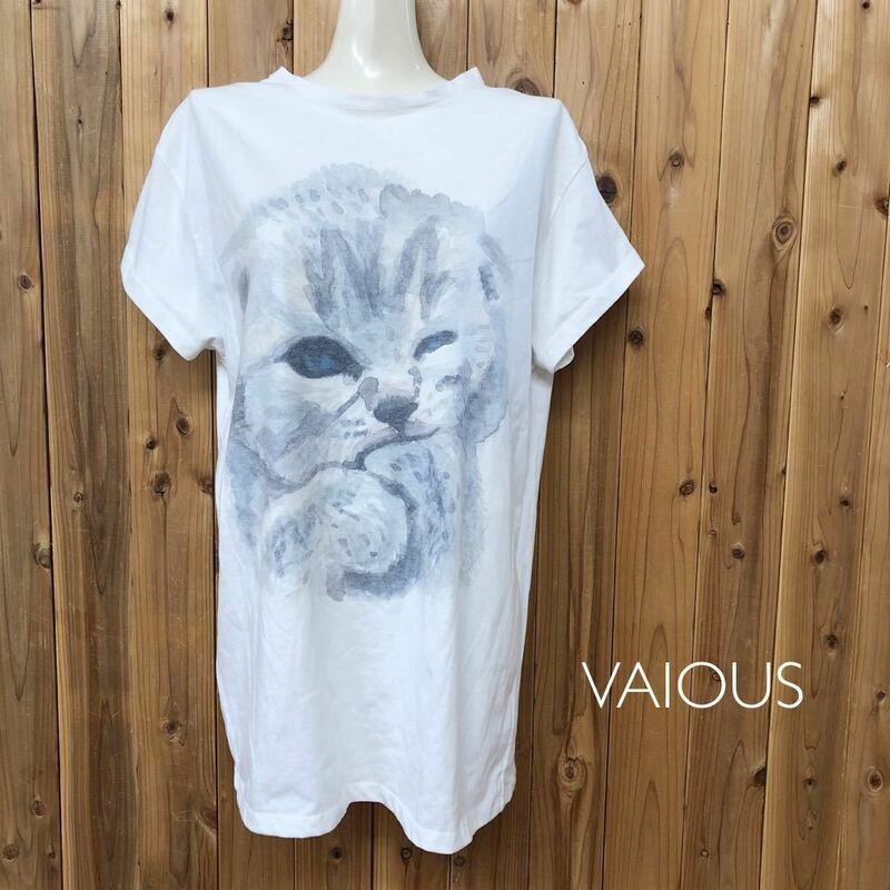 VAIOUS my name is gm＊半袖Tシャツ トップス BIGプリント ネコ 猫 白T チュニック カジュアル レディースF