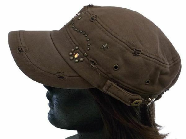ダメージ加工ｘスタッズ コットン　ワークキャップ　茶　メンズ レディース 帽子