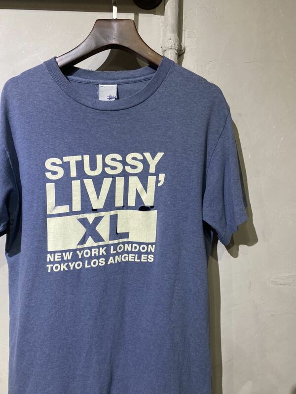 【即決】90-00s OLD STUSSY オールド ステューシー プリント Tシャツ ネイビー ブルー シングルステッチ BORO ボロ usa アメリカ製 古着