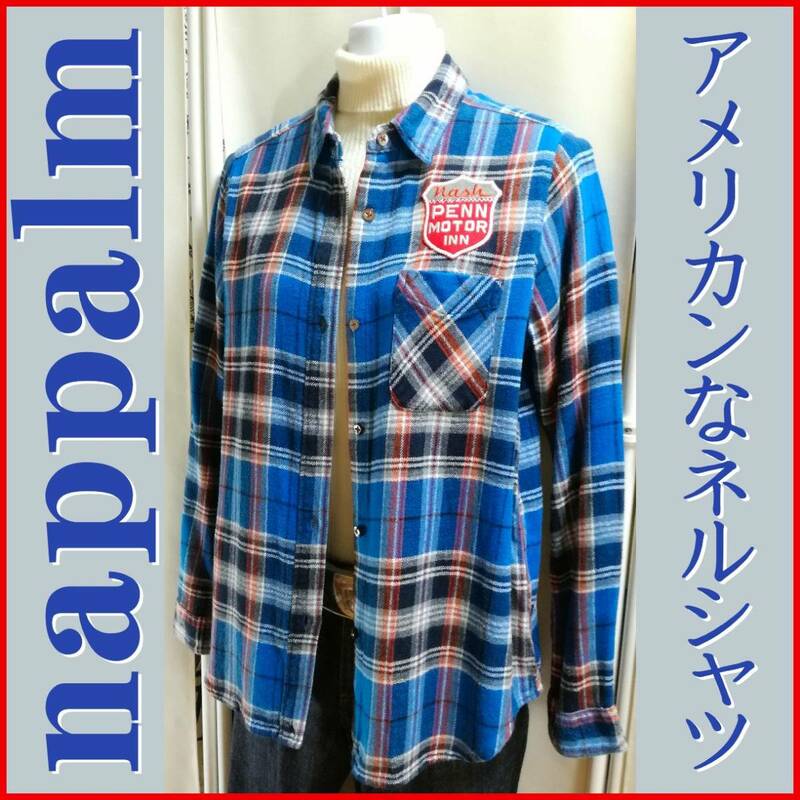 アメリカン ネルシャツ nappalm タータンチェック 水色 灰 赤 ブルー グレー レッド Nash Motors PENN MOTOR INN ワッペン パッチ付 size/F