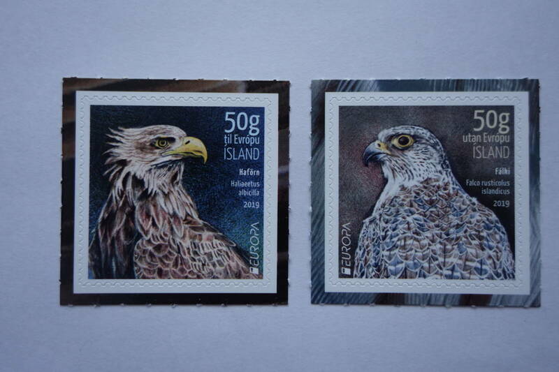 外国切手：アイスランド切手 「（2019年ヨーロッパ切手共通テーマ）鳥」（オジロワシとシロハヤブサ）2種完 未使用