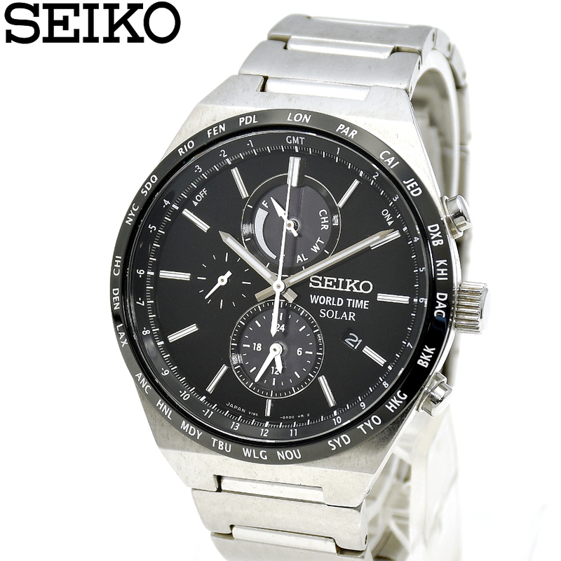 美品 SEIKO セイコー ワールドタイム V195-0AE0 ソーラー メンズ腕時計 シルバー×ブラック