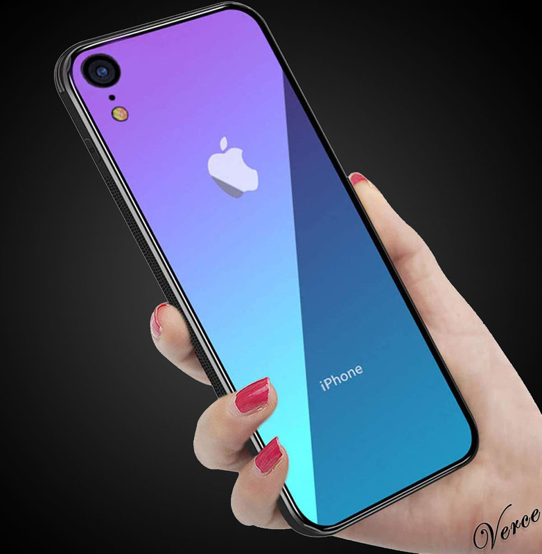 【鮮やかなオーロラ透明グラデーション】 背面ガラスケース iPhone XR TPU ストラップホール 耐衝撃 指紋防止 グリップ感 薄型
