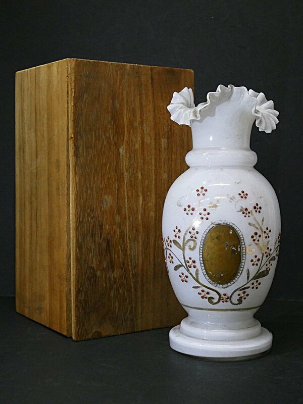◆アンティーク! Fenton Art Glass フェントン ハンドペイント ミルクガラス 花瓶 フラワーベース アートガラス