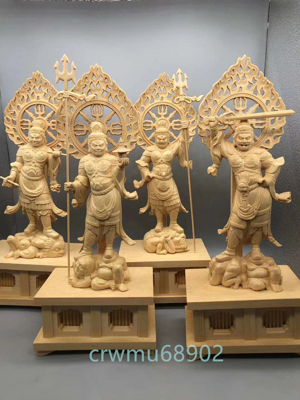 大迫力 総檜材 木彫仏像 仏教美術 精密細工 仏師で仕上げ品 四天王立像一式 高28.5cm