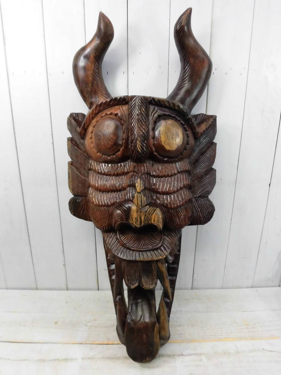 特大 魔除け 木彫り 面 壁掛け 悪魔 鬼 般若 彫刻 オブジェ インテリア 民芸品 伝統工芸 骨董 古道具 レトロ 厄除け 鬼面 K12786