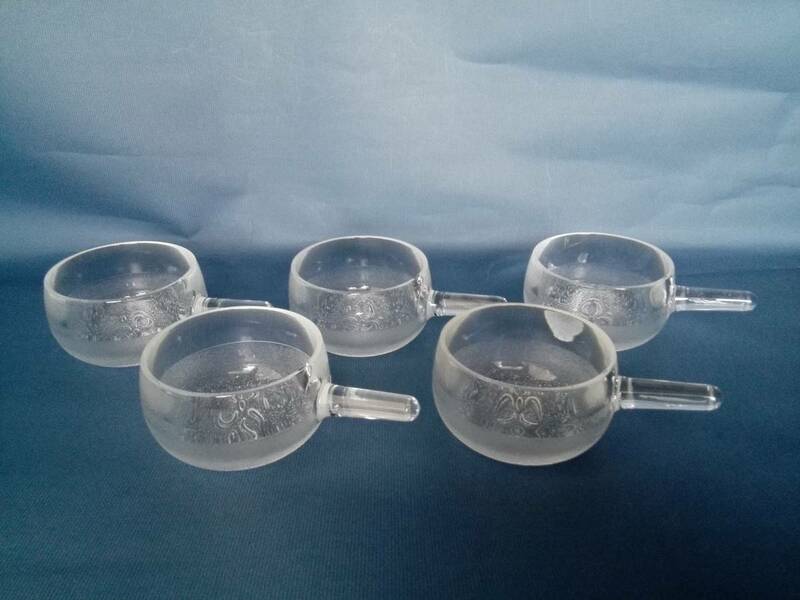 レトロ　TOYO CLASS 　東洋ガラス　ちろり　持手付小鉢　ガラス製器　　径約９㎝　５客　未使用
