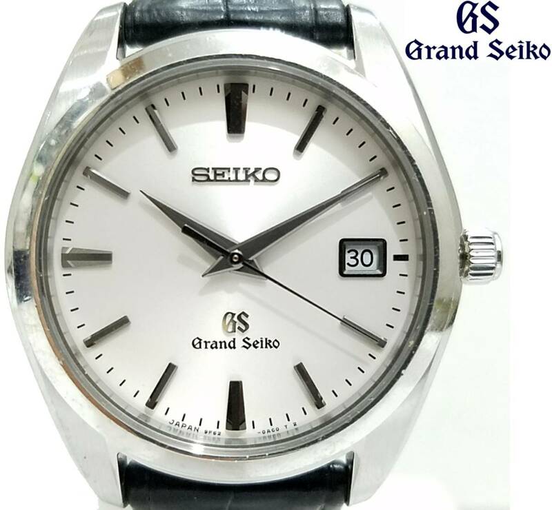Grand Seikoメンズ腕時計SBGX095クォーツ白銀文字盤SS×革ベルト9F62-0AB0デイト日本製ウォッチ防水Made in Japanグランドセイコー
