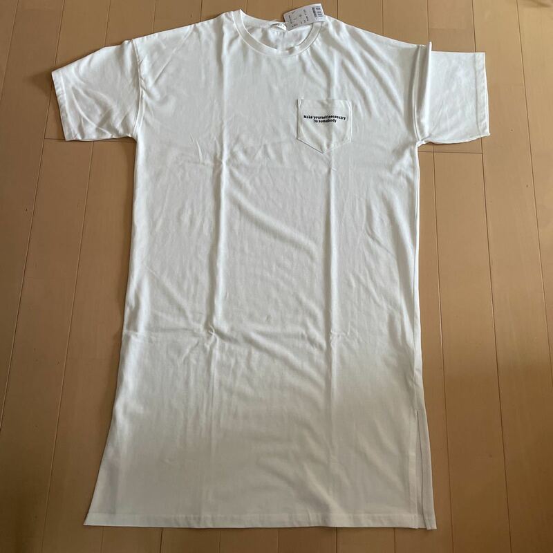 送料無料 新品 ビッグTシャツ バックプリント ポケット付き半袖シャツワンピース チュニック 白ホワイト サイズM コットン100% 送料込み
