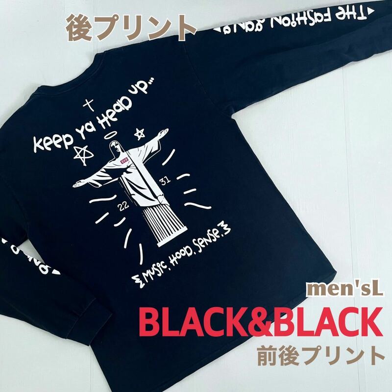 美品 BLACK×BLACK Tシャツ 長袖 前後プリント sizeL 黒×白 送料無料