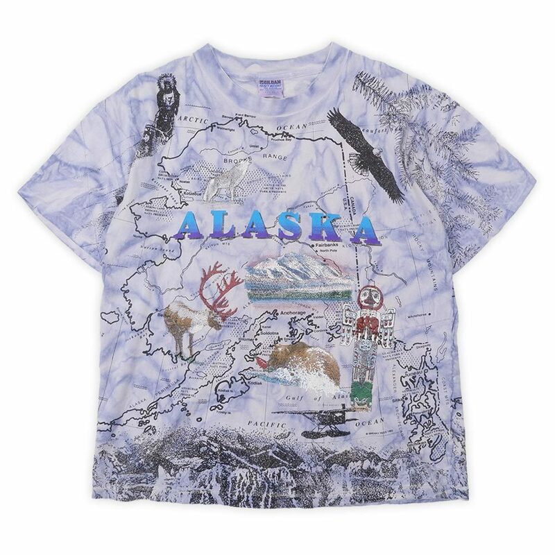 ALASKA 90’s 1990年代 オールオーバープリント Tシャツ GILDAN 総柄 USA製 古着 (-6114) パープル系 タイダイ染め サイズ L