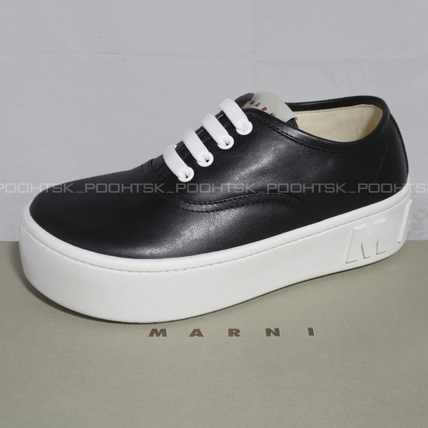 マルニ MARNI 2021AW レザー エンボス ロゴ ソール レースアップ ローカット スニーカー シューズ38ブラック ホワイト