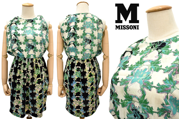 O-332★送料無料★超美品★MISSONI ミッソーニ★春夏 薄地 シルク100％ 正規品 百合 ゆり 水仙 花柄 ノースリーブ ミニ ワンピース 38