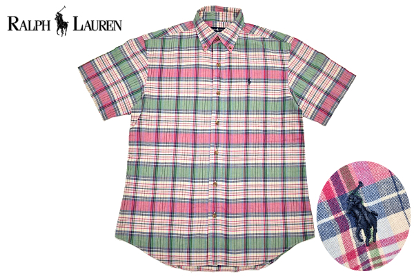 Y-4602★送料無料★超美品★Ralph Lauren ラルフローレン★正規品 マドラスチェック ポニー刺繍 半袖 ボタンダウンシャツ 170cm 首回り37cm