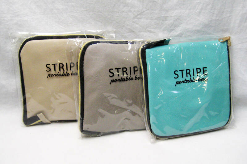 ストライプ ポータブル バッグ 3色 3点セット グリーン グレー ベージュ エコバッグ マイバッグ コンパクト 折り畳み式 新品 個包装 ギフト