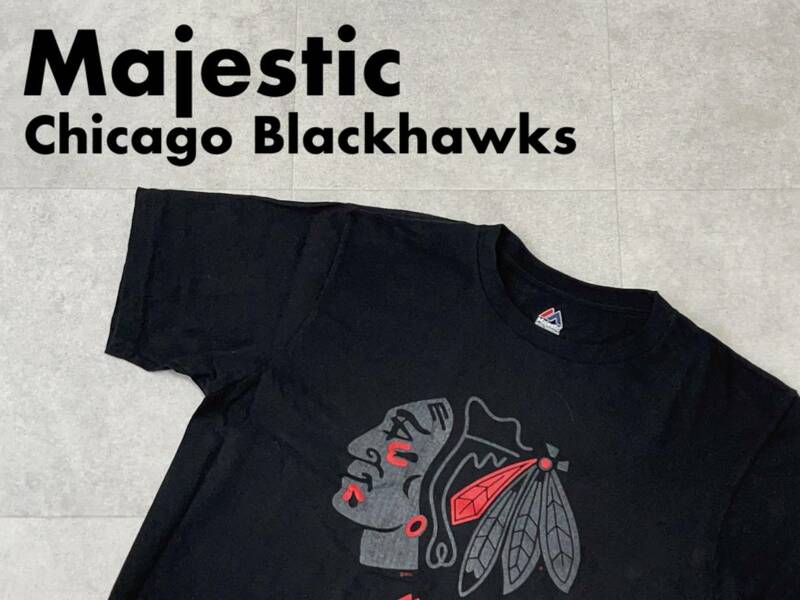 ☆送料無料☆ Majestic マジェスティック USA直輸入 古着 半袖 NHL Chicago Blackhawks シカゴ・ブラックホークス Tシャツ メンズ M