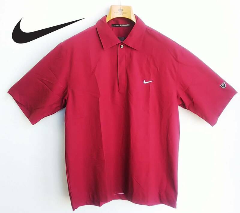 ▼美品*NIKE TIGER WOODS*サイズS*半袖ポロシャツ*タイガーウッズモデル*伸縮性*隠しボタン*ワインレッド*ゴルフウェア*メンズ*ナイキ#5243