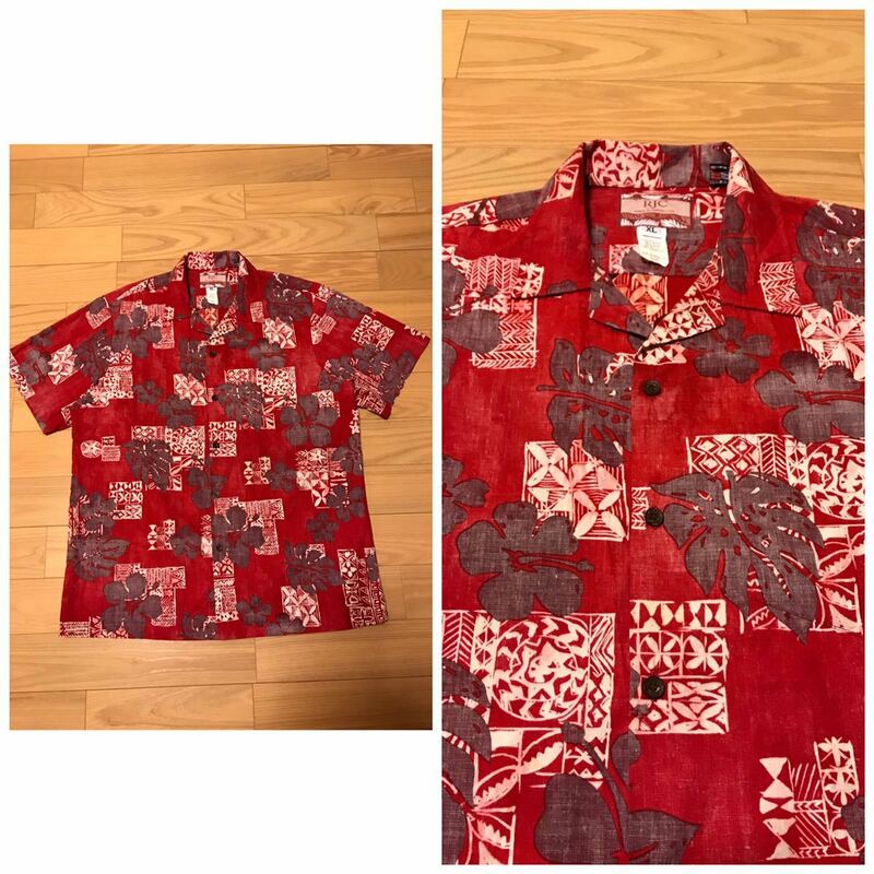 着用回数少な目.美品☆HAWAII.USA製／RJC サイズXL大き目・日本2XL以上〜並? 半袖アロハシャツ 裏使い生地 古風模様&花.葉っぱハワイアン柄