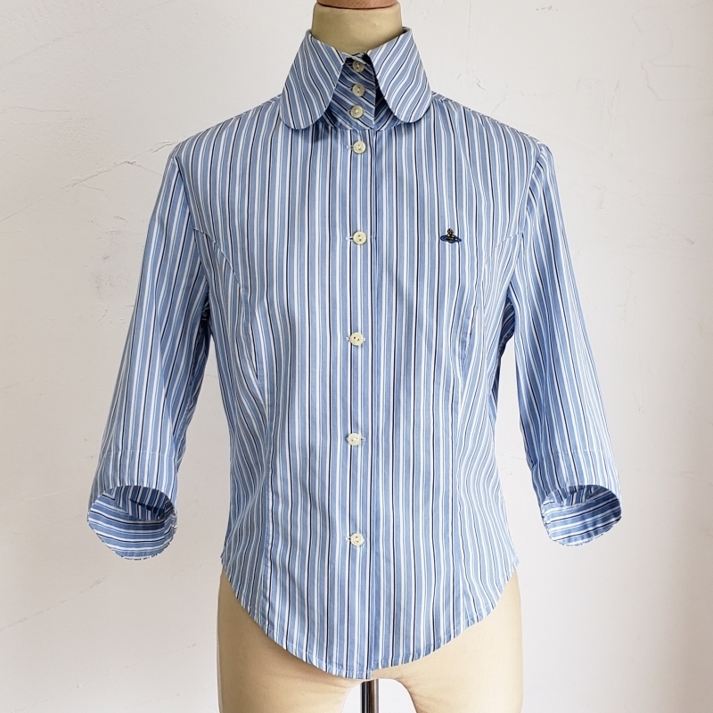 ヴィヴィアンウエストウッド ヴィンテージ 初期タグ オーブ刺繍 ストライプ柄 七分袖 高襟 シャツ 10 Vivienne Westwood 