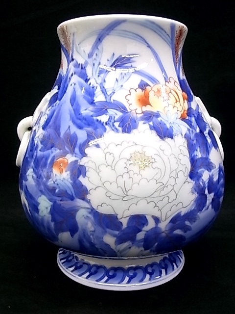 e8703　オールド香蘭社　花瓶　花器　花入　染錦　牡丹　H18.5×φ9.5cm