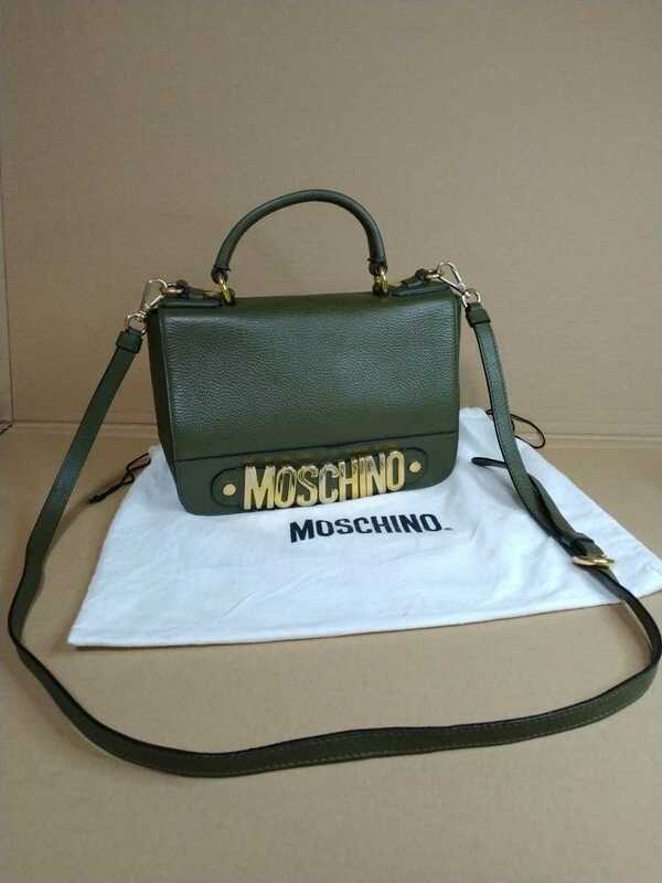 中古 MOSCHINO モスキーノ 2wayレザーバッグ ハンドバッグ ショルダーバッグ モスグリーン Made in Italy 送料無料