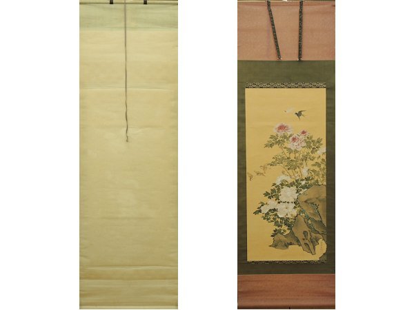 【模写】応挙 鹿角 花鳥　応擧　掛け軸　絹に彩色　春日軸先　部品取り　中古　合箱　