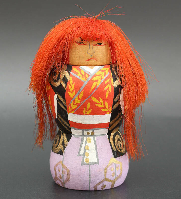 【梟】時代 こけし 連獅子 歌舞伎 日本舞踊 伝統芸能 隈取 くまどり 赤色 色絵 人形 木彫り 郷土玩具 古玩