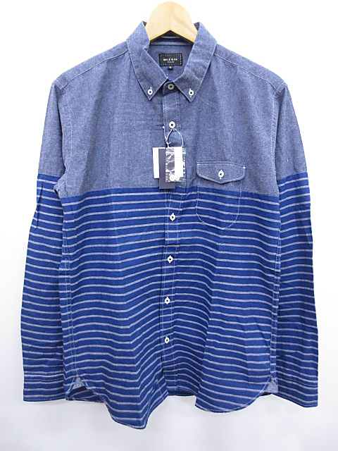 ∞【未使用】MALE&Co. メイルアンドコー シャツ ボタンダウン カジュアル 長袖 L ボーダー インディゴ ネイビー ブルー メンズ □H8