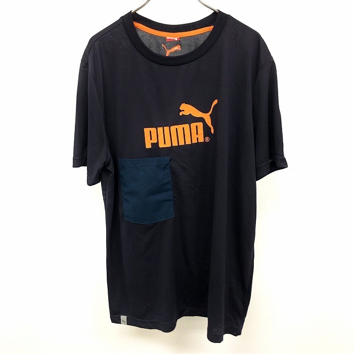 PUMA プーマ XO XXL 2XL 3L メンズ 男性 Tシャツ 帆布ポケット ロゴプリント 丸首 クルーネック 半袖 ポリ100% ネイビー×オレンジ 紺