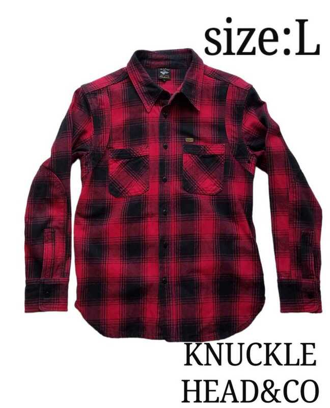 ナックルヘッド size:L KNUCKLE HEAD &CO ネルシャツ チェック柄 長袖シャツ 赤 レッド バイク ハーレー ヘビーオンス 厚手 アイアンハート