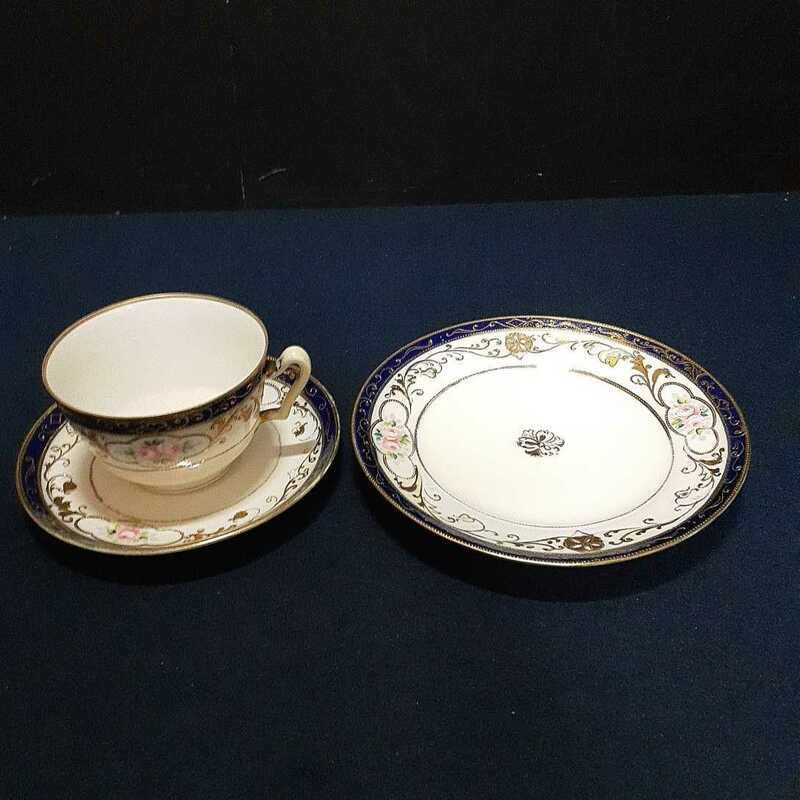 オールドノリタケ カップ&ソーサー コーヒーセット 1客 花柄 カップ直径約9cm デザート皿直径約6cm 1900年代前半