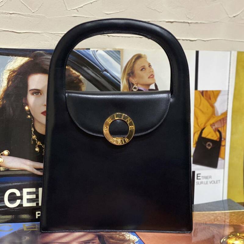 激レア 希少モデル 美品 VINTAGE OLD CELINE ハンドバッグ カーフレザー サークル金具 ブラック×レッド ヴィンテージバッグ