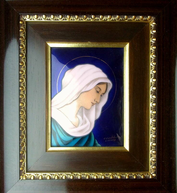 フランスビンテージ LIMOGES エマイユ画 リモージュ 聖母像 白いベールと青い衣の美しいマリア 額装 作家サイン 西洋七宝 聖品 宗教画