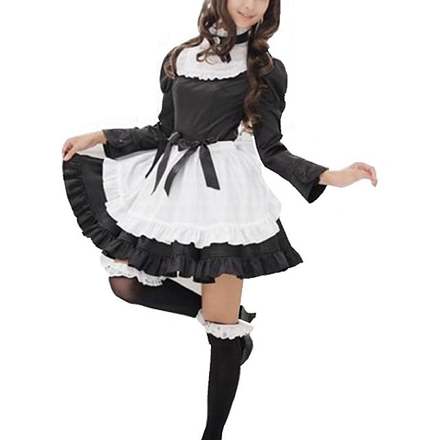 ロリータ風 コスプレ メイド カフエ 衣装 3点セット (黒＆白) メイド服 コスチューム