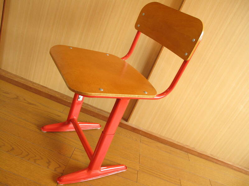 美品　チトセ　椅子　イス　チェア　木製　茶色　スチール　赤　高さ調節可能
