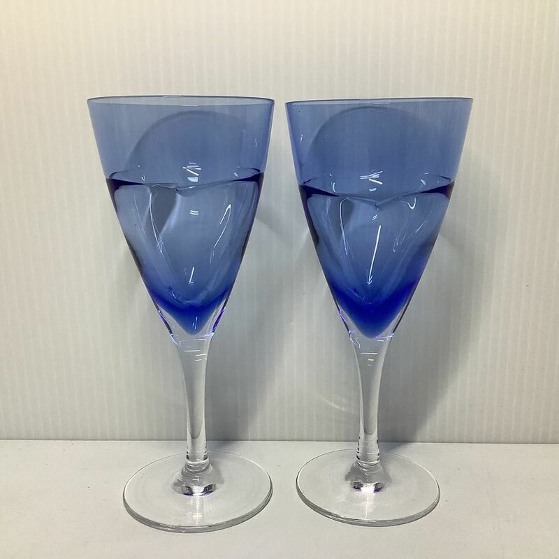 ワイングラス ペア クリスタル ガラス 食器 レトロ ブルー【Y394】