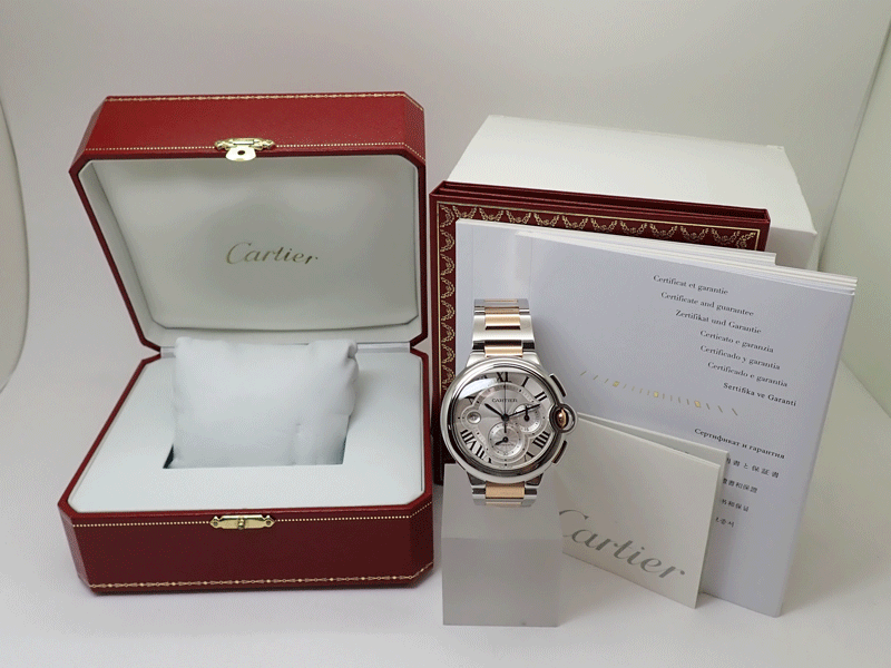 CARTIER　カルティエ バロンブルー クロノグラフ 44 腕時計 W6920063 シルバー メンズ SS/PG 自動巻き 裏スケ　美品