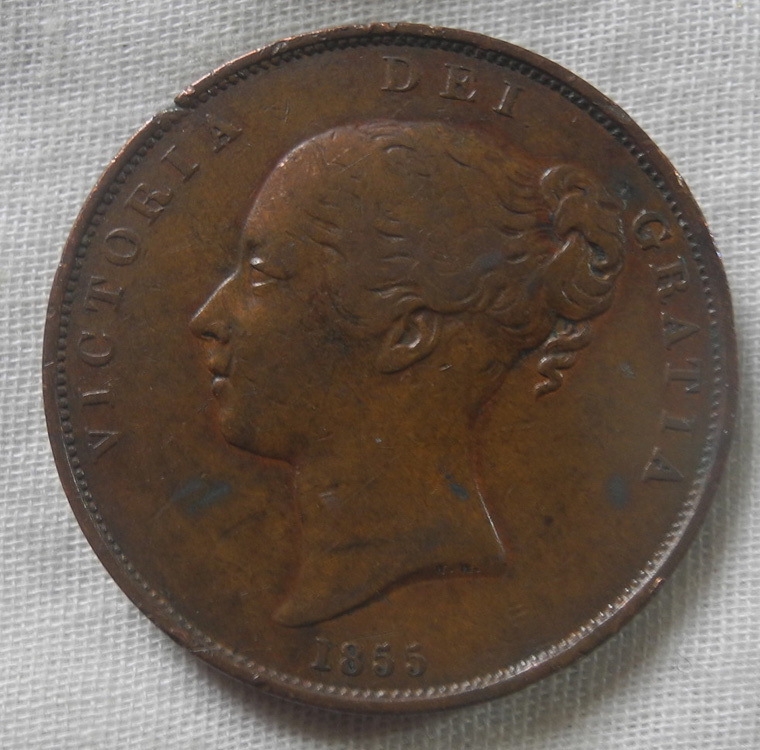 イギリス 1855年 ペニー銅貨 ビクトリア ヤング 美品! 大英帝国 イングランド アンティーク ブロンズ