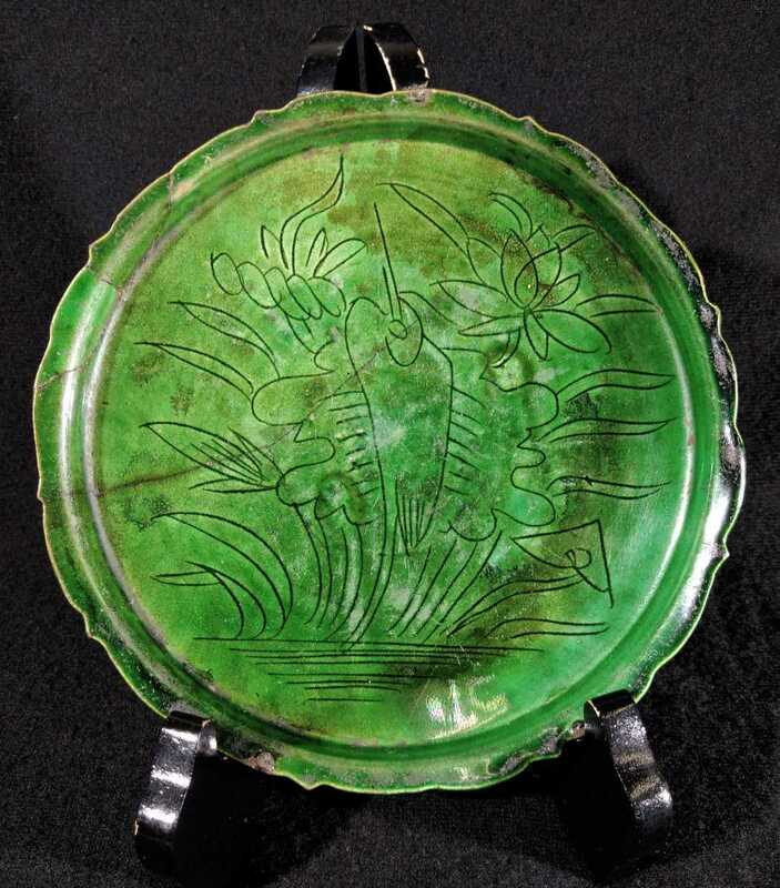 古い中国 遼朝 11世紀 緑釉 花文 鳥に牡丹図 17cm 輪花 中皿 貴重 中国美術 bcat-07a2437