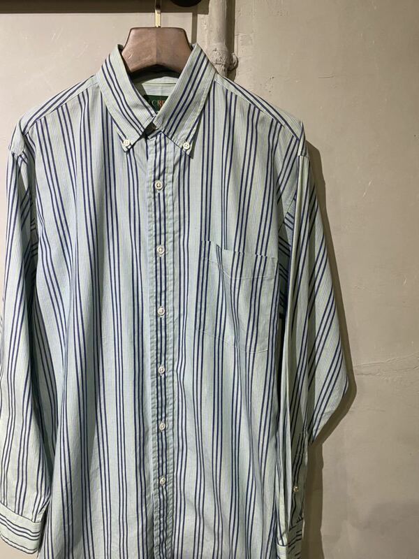 【即決】90s J.CREW Jクルー ボタンダウン ストライプ シャツ B.D shirt 長袖 ブルー ミントグリーン 巨人タグ 古着 S