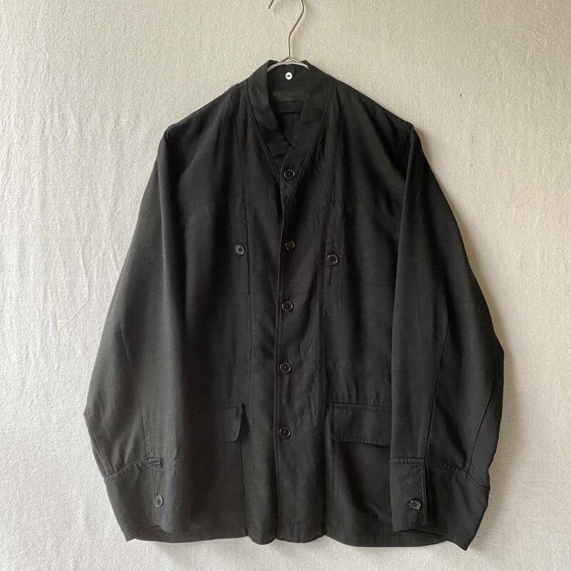 【後染め リネン】40s 50s JAPAN Vintage シャツ / ブラック ノーカラー ミリタリー ビンテージ T2-05062-4290 sale