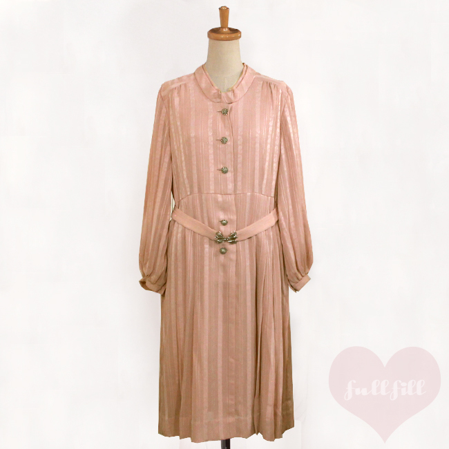 ワンピース 古着 昭和 レトロ くすみピンク フォーマル ペイズリー ベルト付き 70s ビンテージ ヴィンテージ vintage 仕立て品 ドレス 式