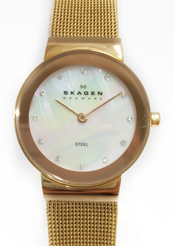 稼働品!!薄型腕時計!! SKAGEN/スカーゲン クォーツ レディース シェル文字板 ローズゴールド 電池残量不明 USED品 358SRRD