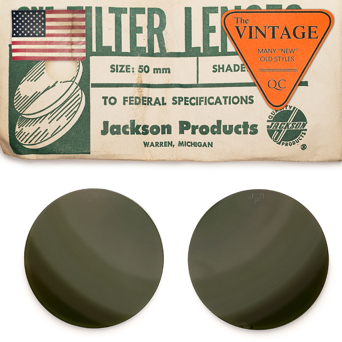1950's~60's 未使用 デッドストック アメリカ USA ヴィンテージ 50mm ゴーグル用 ガラス サングラス レンズ 2枚 バイク 工業系 メガネ1301