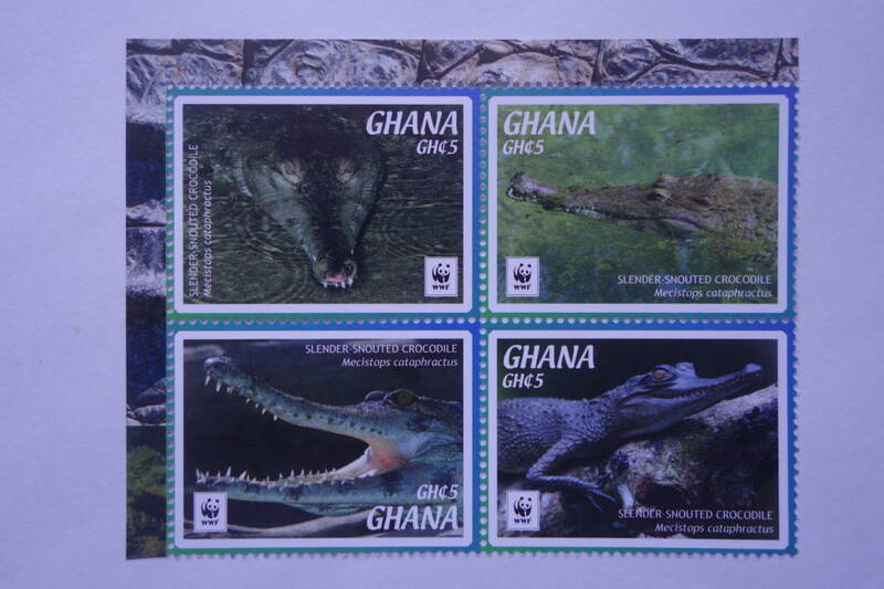 外国切手：ガーナ切手 「（WWF・世界自然保護基金）ワニ」 4種連刷 未使用