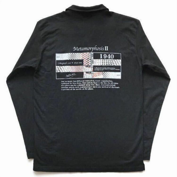 90s vintage M.C.Escher エッシャー メタモルフォーゼII プリント ポロ シャツ 長袖 ブラック size XL 希少 コピーライト入 オールド old