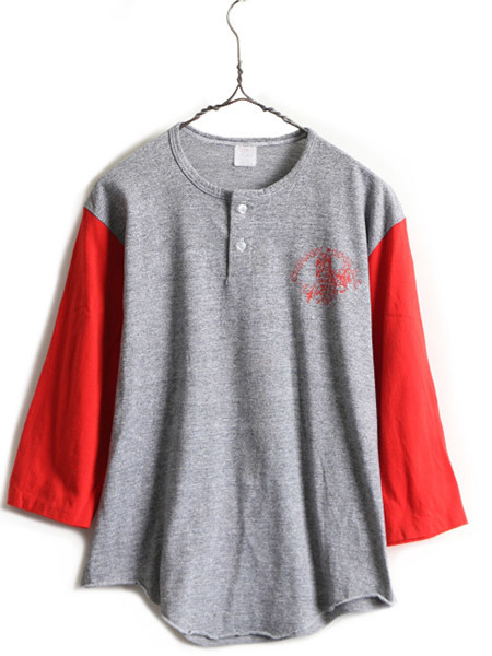 70s USA製 ビンテージ ■ ヘンリーネック プリント ベースボール Tシャツ ( L メンズ レディース 小さめ M 程) 古着 70年代 7分袖 2トーン