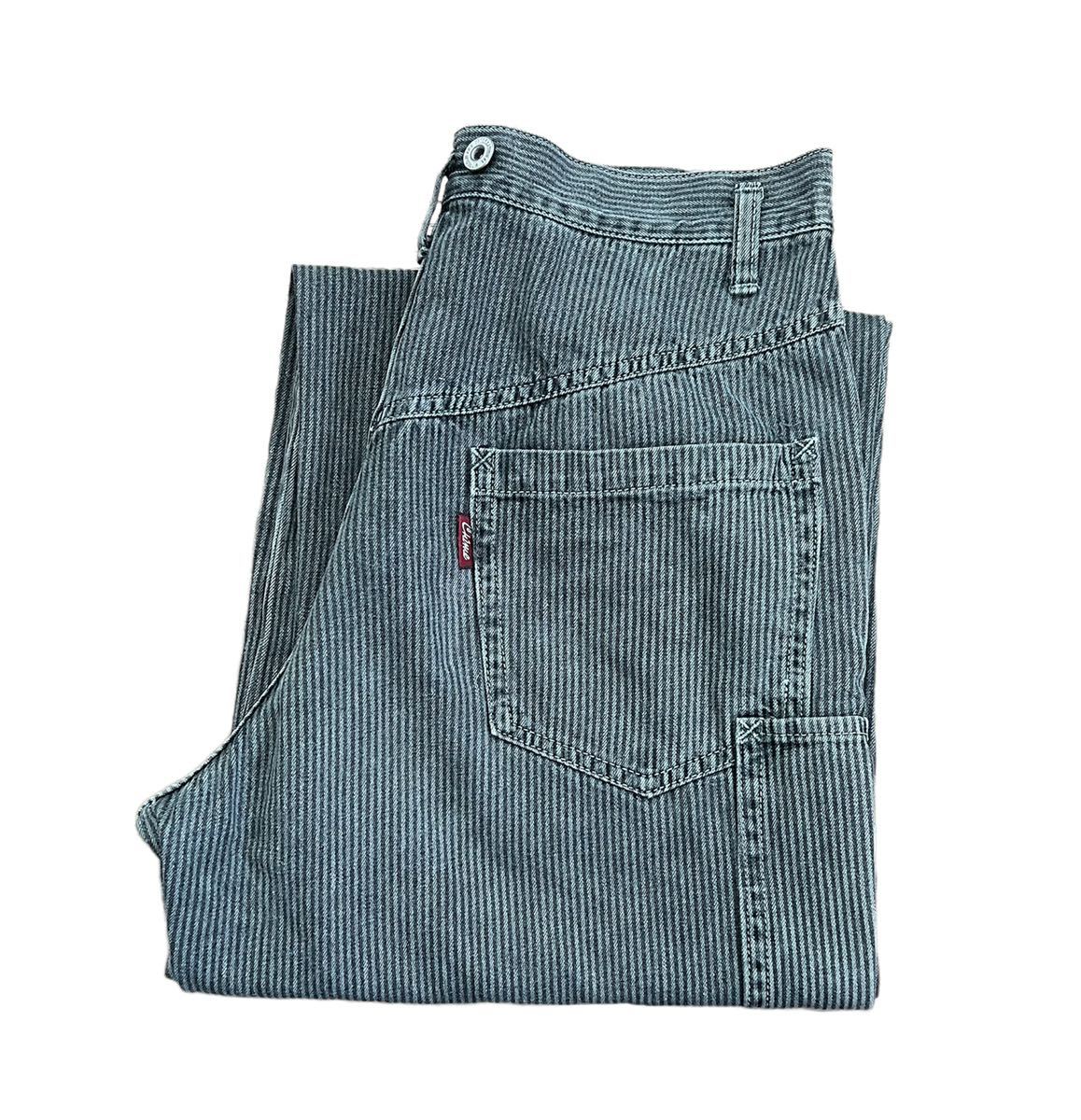 ビンテージ 90s【ワークパンツ】W29 バギー ペインター パンツ サスペンダーボタン グリーン ヒッコリーストライプ 日本製 古着 Y2K 00s