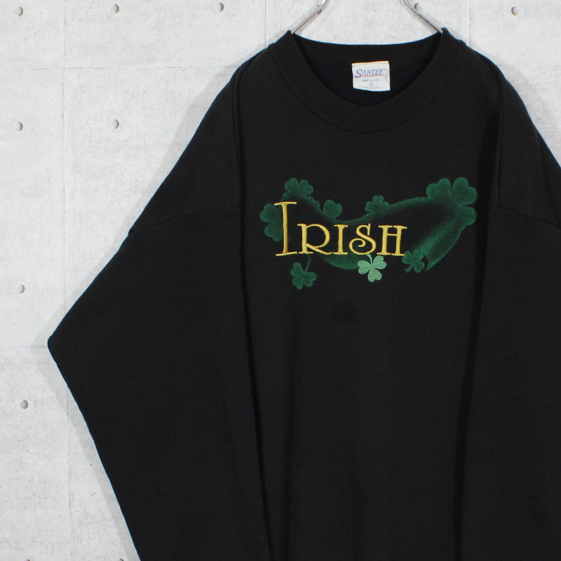 XL【XL-XXL相当】 / 古着 SANTEE 90s 長袖 スウェット トレーナー 刺繍 IRISH シャムロック ブラック トップス AUO-2101021