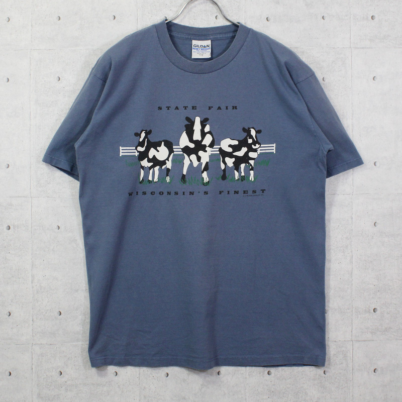 L / 古着 Tシャツ 半袖 90s USA製 GILDAN 企業系 牧場 牛 プリント トップス SPO-2209050